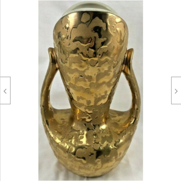 Vtg Weeping Bright Gold 24k USA Dble Handle 9" Fish Mouth Vase Urn Regency Decor - Picture 1 of 9